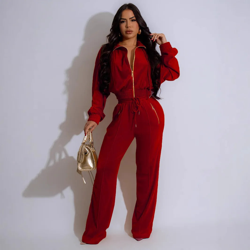 Women Fashion Solid Color Zipper Long Sleeve Top And Pants Two-Piece Set