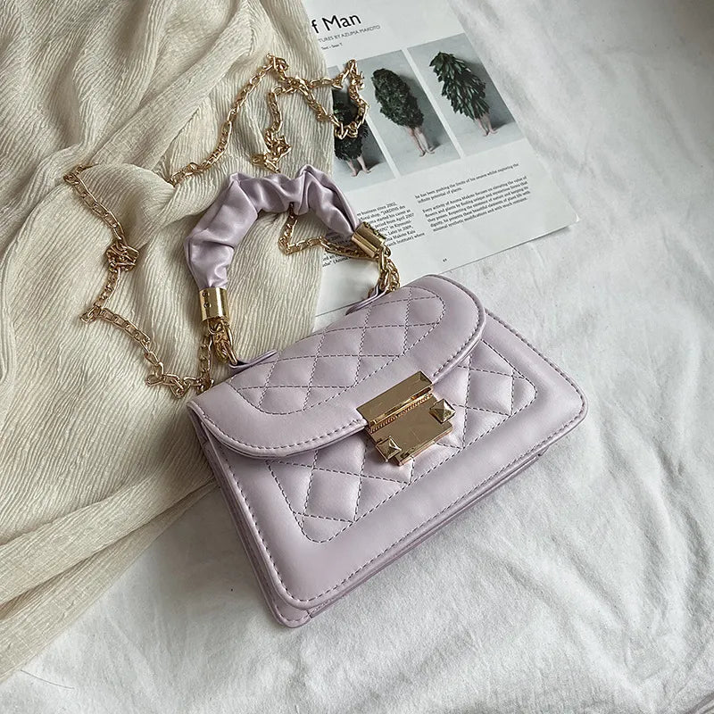Women Vintage Chain Design Solid Color Quilted Shoulder Handle Bag