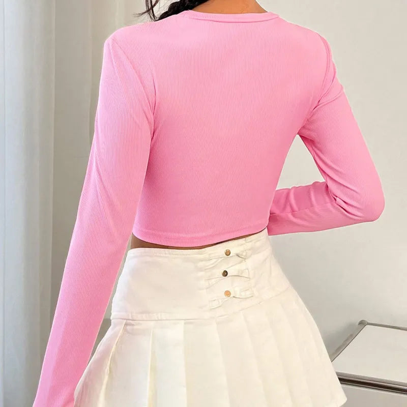 Women Fashion Solid Color Heart Circle Round Neck Long Sleeve Crop Top