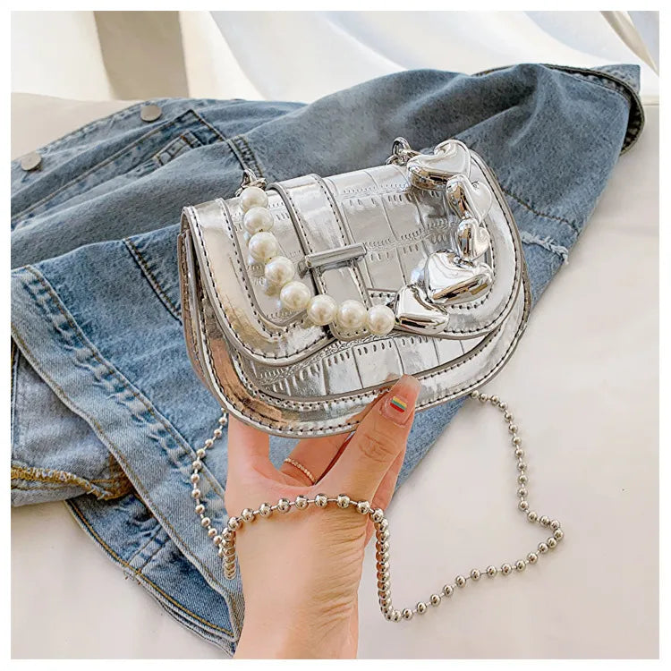 Summer Women Fashion Sequin Heart Pearl Chain Mini Crossbody Bag