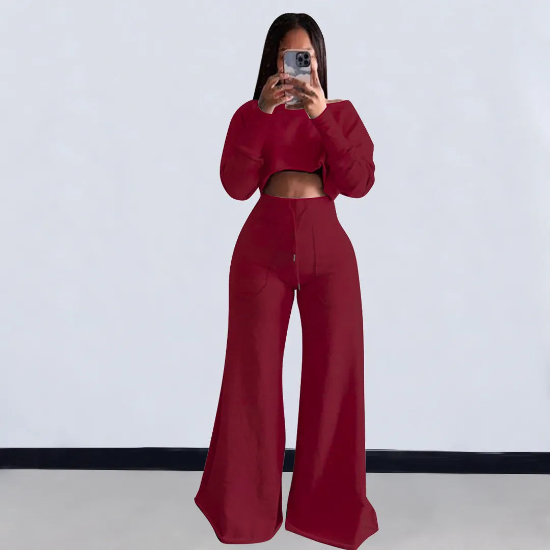 Women Fashion Casual Solid Color Long-Sleeve Crop Top Slim-Fit Pants Two-Piece Set