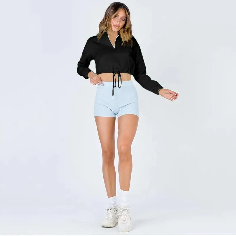 Women Fashion Casual Solid Color Zipper Turtle Neck Crop