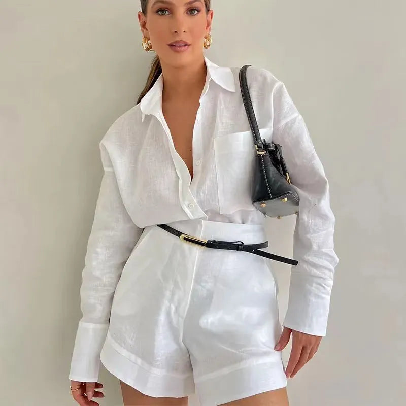 Women Fashion Casual Solid Color Lar Long Sleeve Shirt Top Shorts Two-Piece Set