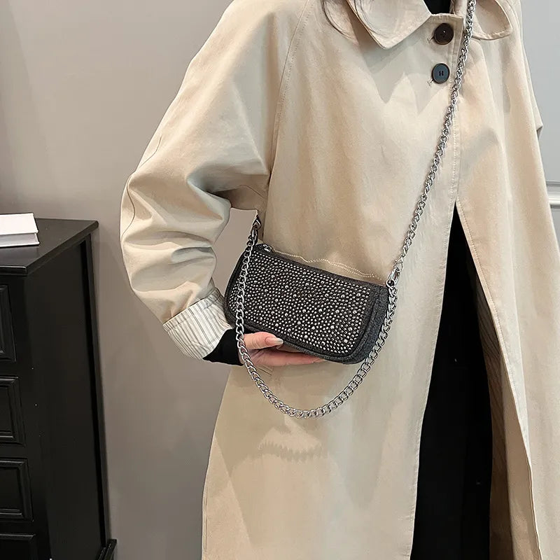 Women Fashion Square Rhinestone Zipper Shoulder Underarm Bag