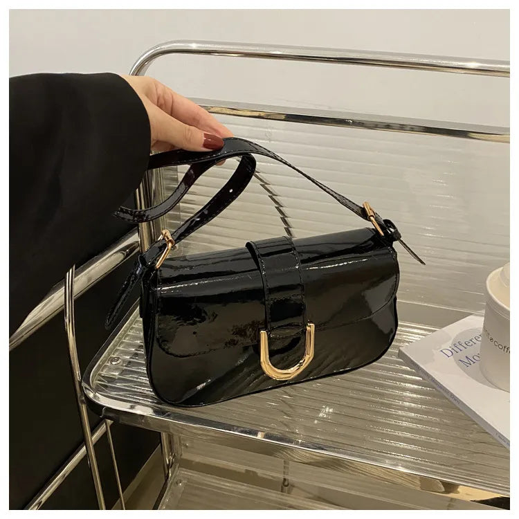 Women Fashion Retro Solid Color Bright Leather Shoulder Bag