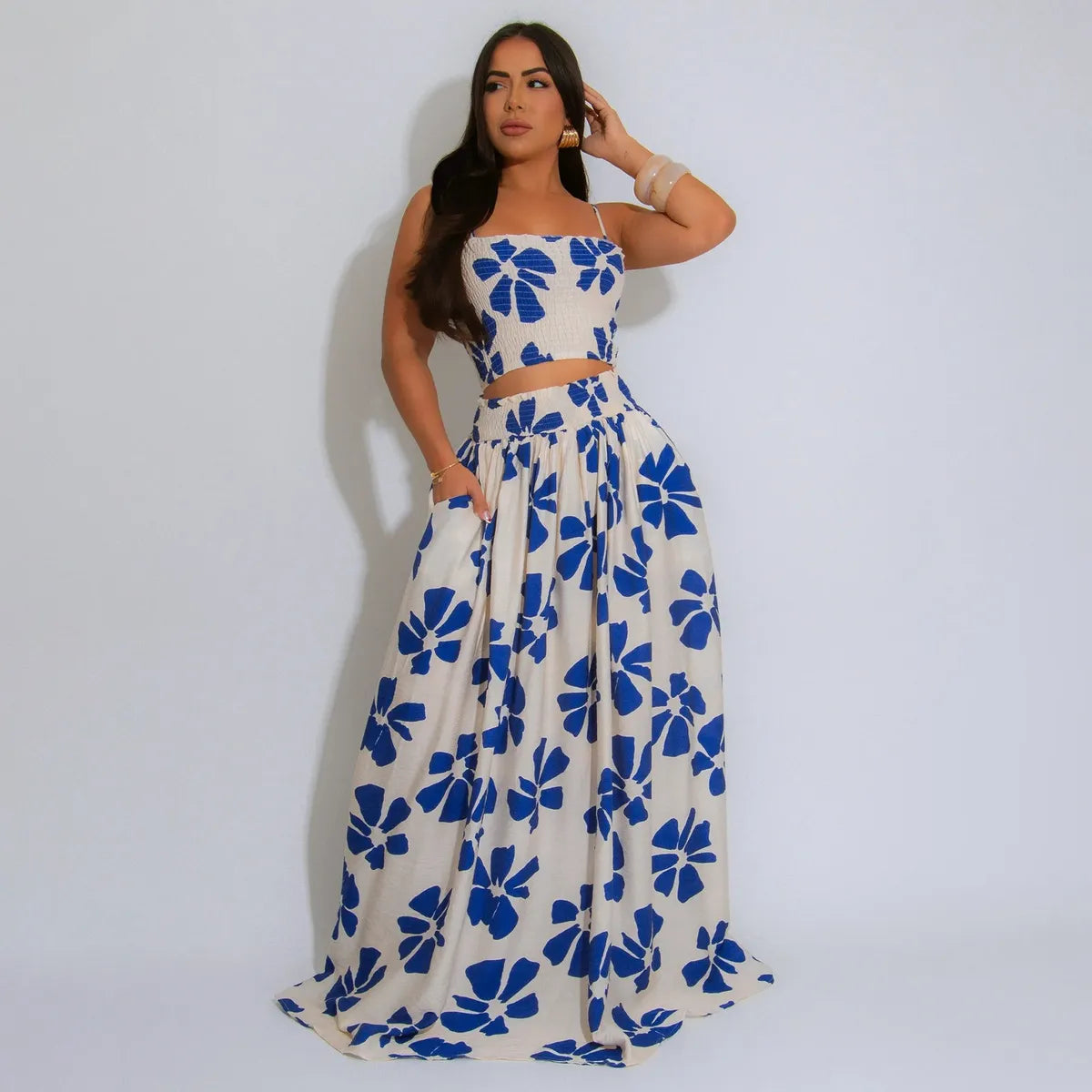Women Summer Bohemian Floral Print Halter Top And Skirt Two-Piece Set