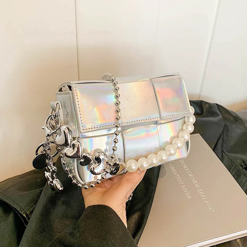 Women Fashion Solid Color Love Chain Small Square Shoulder Bag