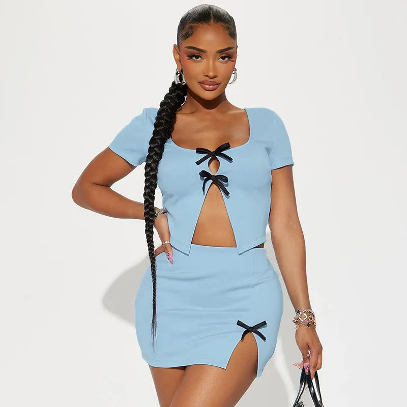 Women Fashion Solid Color Bow Lace-Up Hollow Short Sleeve Crop Top Skirt Two-Piece Set