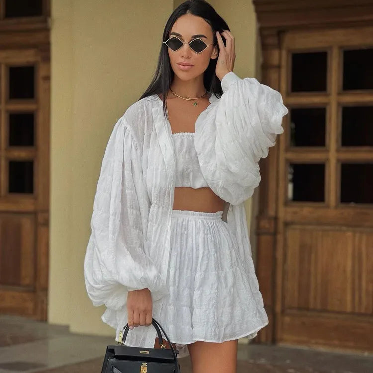 Women Long-Sleeved White Shirt Loose Tube Top High Waist Shorts Three-Piece Set