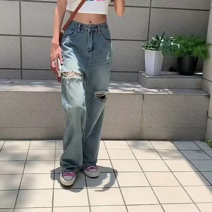 Retro Ripped Loose Wide-Leg Jeans