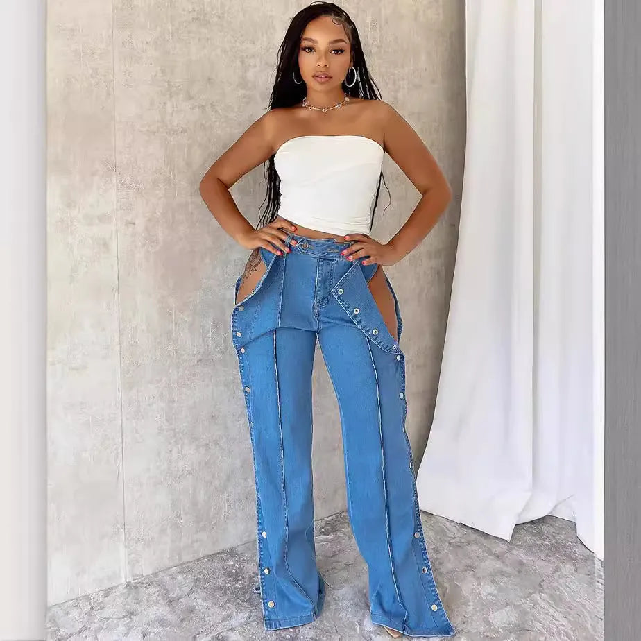 Women Fashion Button Jeans