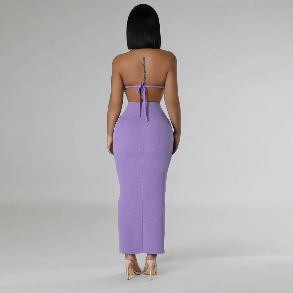 Women Fashion Sexy Solid Color Sleeveless Crop Top Split Lace-Up Skirts Two-Piece Set