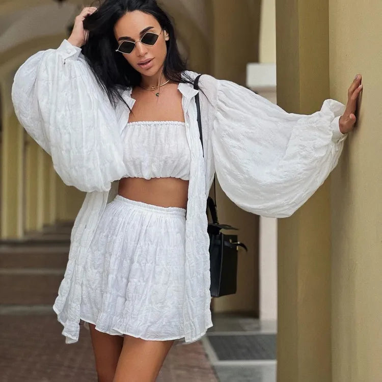 Women Long-Sleeved White Shirt Loose Tube Top High Waist Shorts Three-Piece Set