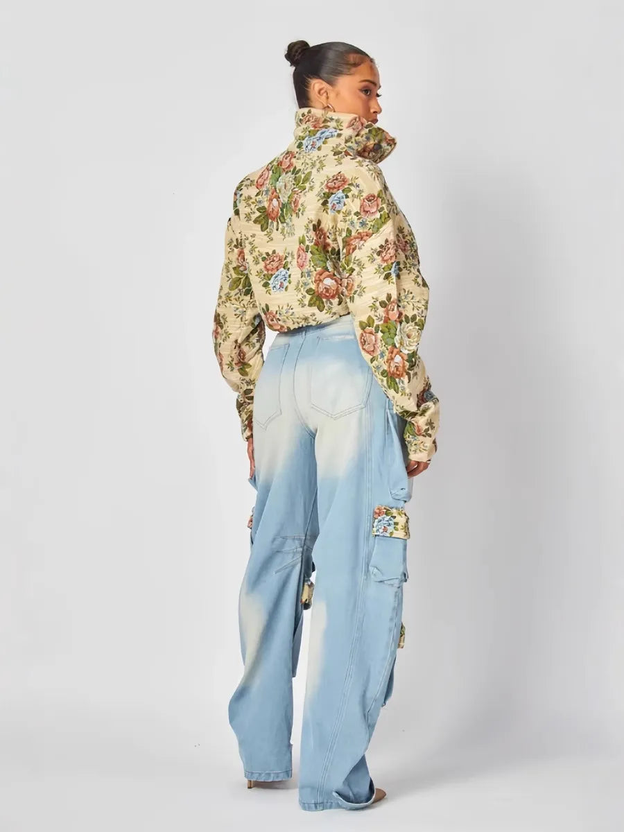 Women Fashion Floral Print Top And Jeans Two-Piece Set