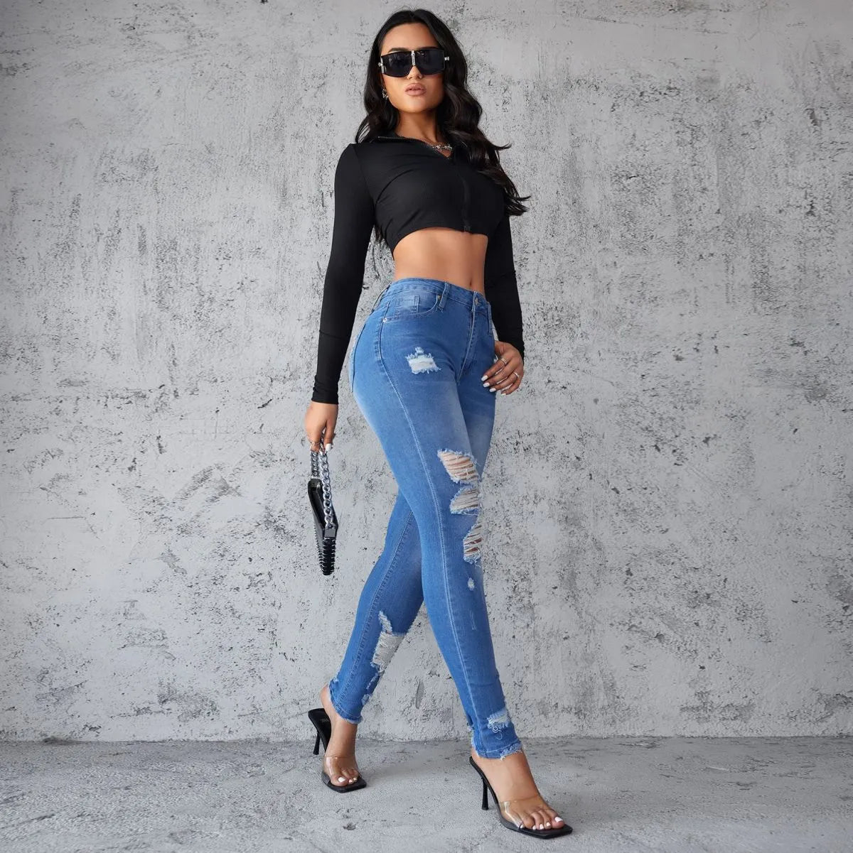 High Waist Ripped Stretch Jeans