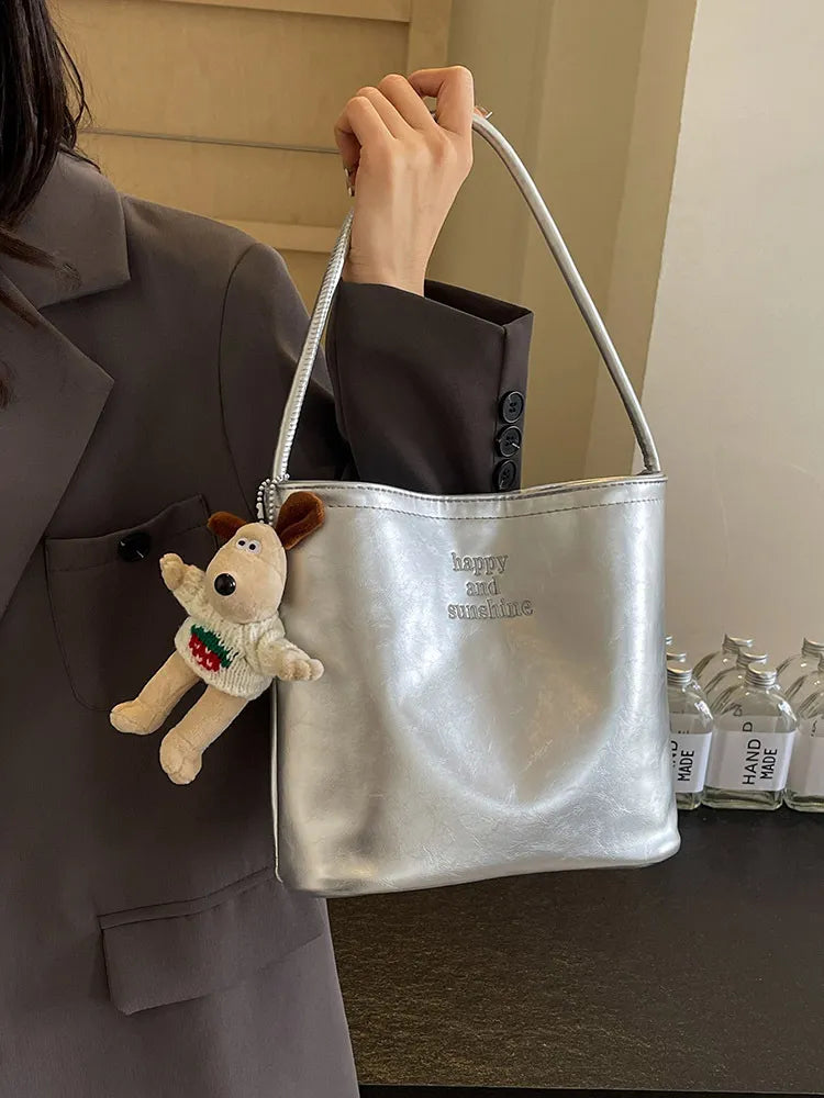Women Fashion Casual Solid Color Pu Leather Bucket Shoulder Bag