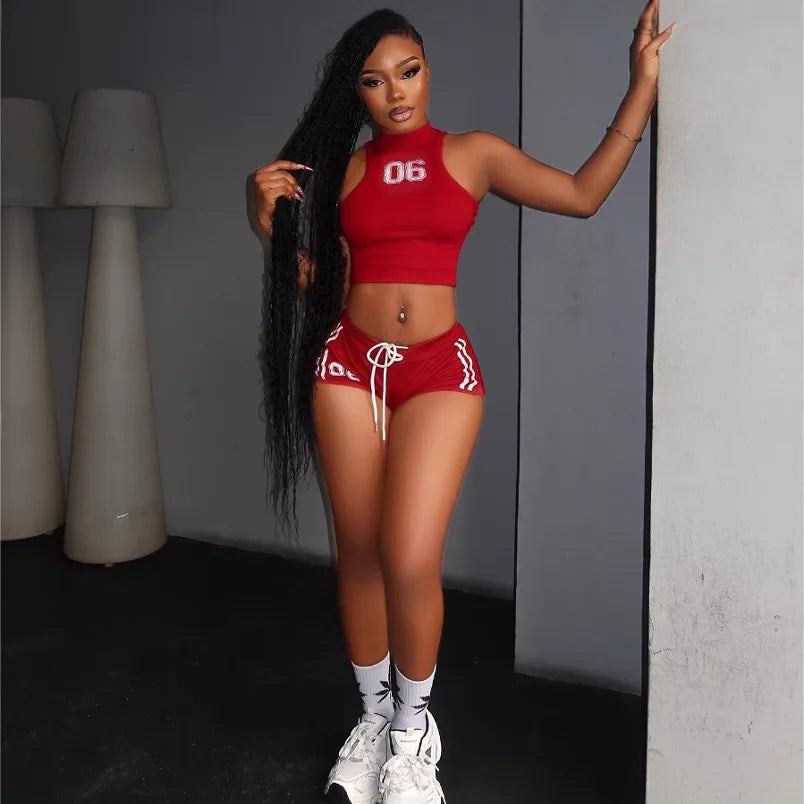 Women Fashion Sexy Letter Printed Tank Top Tight Shorts Two-Piece Set