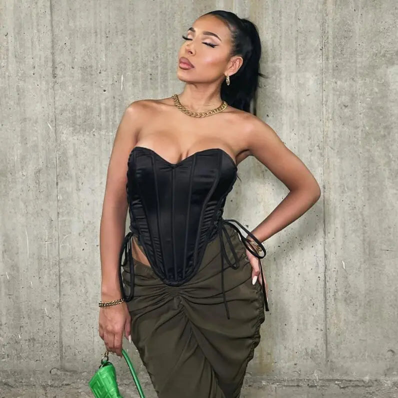 Women Fashion Sexy Solid Color Triangle Hem Side Lace-Up Bandage Corset Tube Top