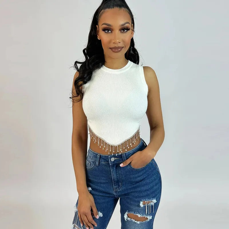 Women'S Fashion Metal Chain Round Neck Crop Sleeveless Top