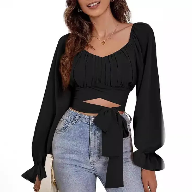 Women Fashion Solid Color Cross Lace-Up Long Sleeve Crop Top