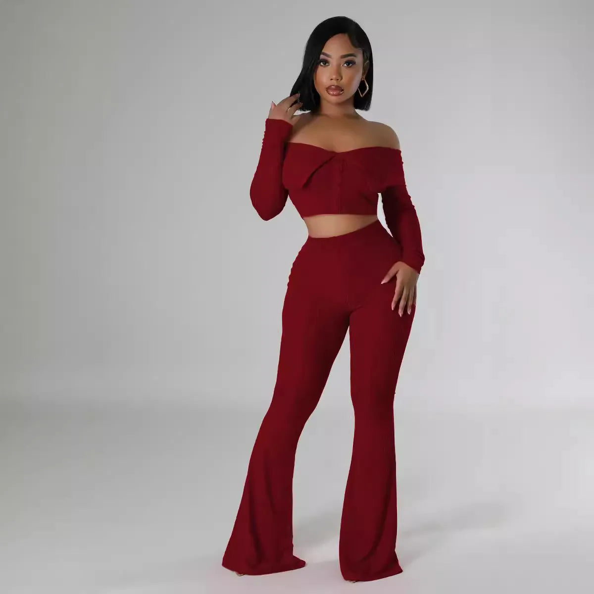 Women Fashion Sexy Long Sleeve Off Shoulder Crop Top Wide Leg Pants Two-Piece Set