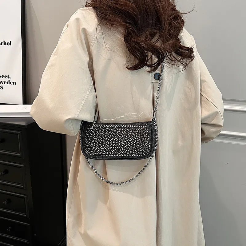 Women Fashion Square Rhinestone Zipper Shoulder Underarm Bag