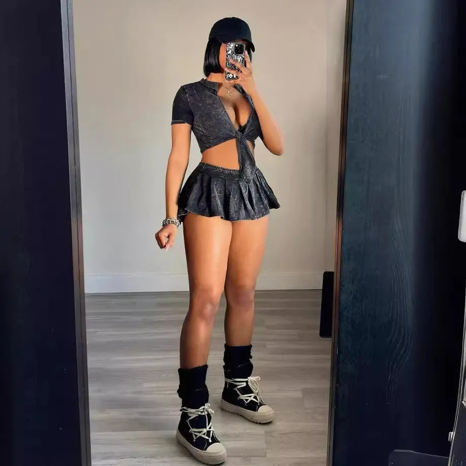 Women Distressed Features Printed Kink Crop Short-Sleeved Cardigan High Waist Pleated Skirt Sexy Set