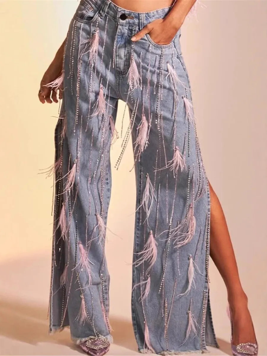 Feather Tassel Split Jeans