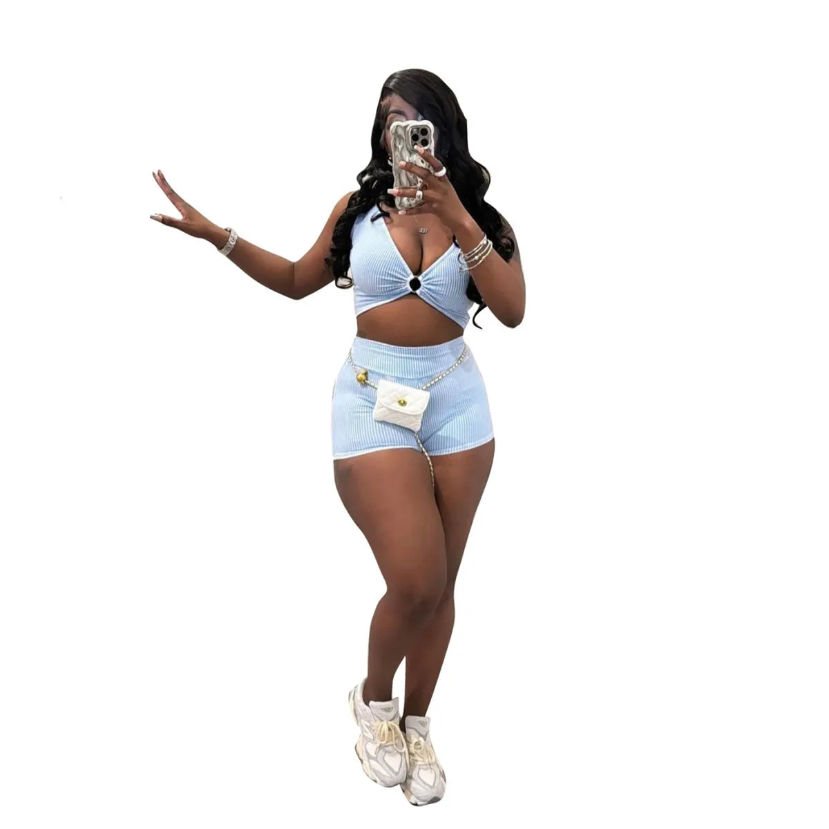 Women Fashion Solid Color V-Neck Camisole Shorts Two-Piece Set
