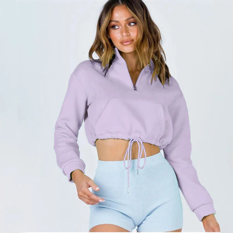 Women Fashion Casual Solid Color Zipper Turtle Neck Crop