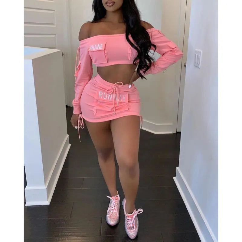 Women Fashion Sexy Letter Print Off Shoulder Long Sleeve Crop Top Skirt Two-Piece Set