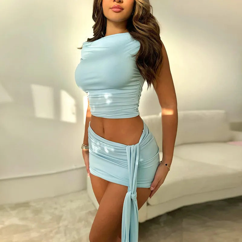 Women Fashion Solid Color Sleeveless Round Neck Cropped Top And Skirt Two-Piece Set