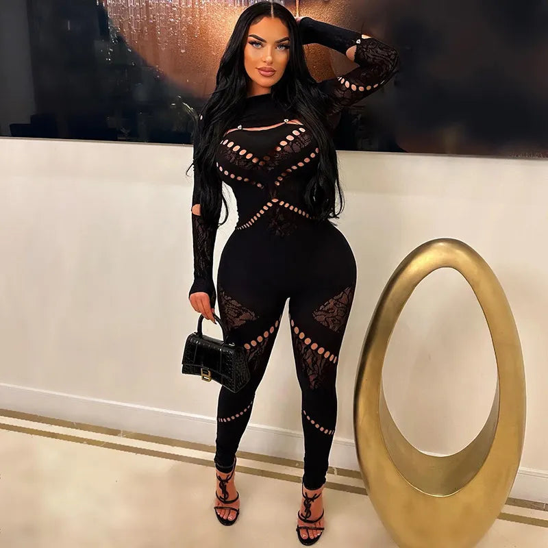 Women Sexy Solid Color Crewneck Long-Sleeved Hollow-Out Jumpsuits