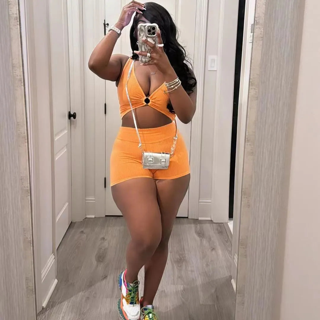 Women Fashion Solid Color V-Neck Camisole Shorts Two-Piece Set