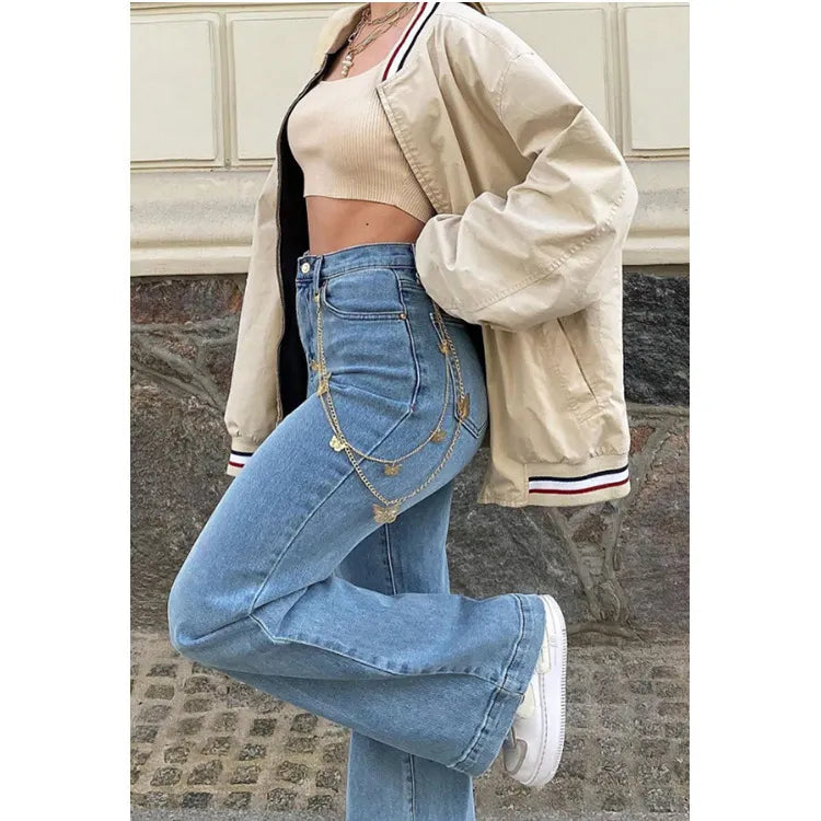 Stitching Mid-Waist Jeans