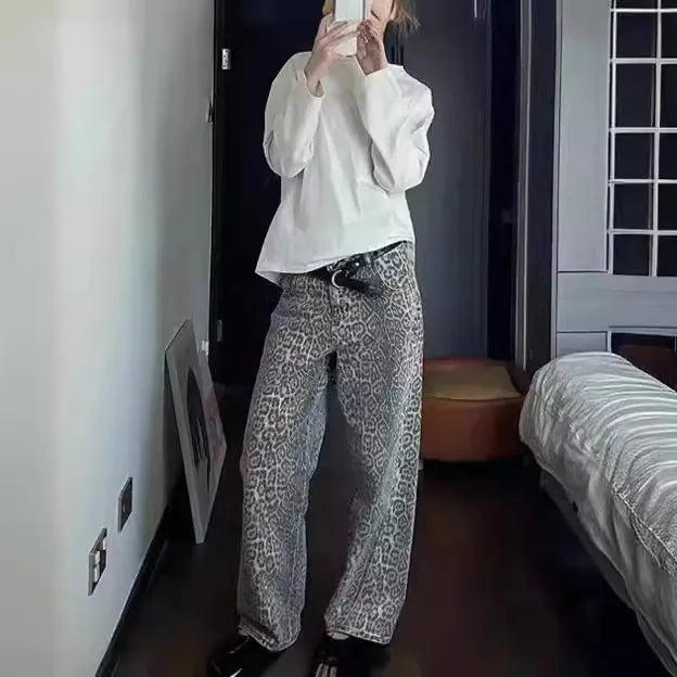 Retro Leopard Printed Loose Jeans