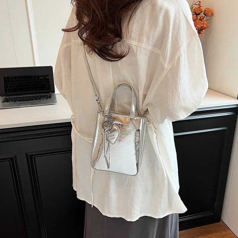 Women Fashion Casual Solid Color Love Pendant Bucket Shoulder Bag