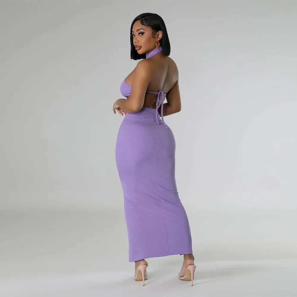 Women Fashion Sexy Solid Color Sleeveless Crop Top Split Lace-Up Skirts Two-Piece Set