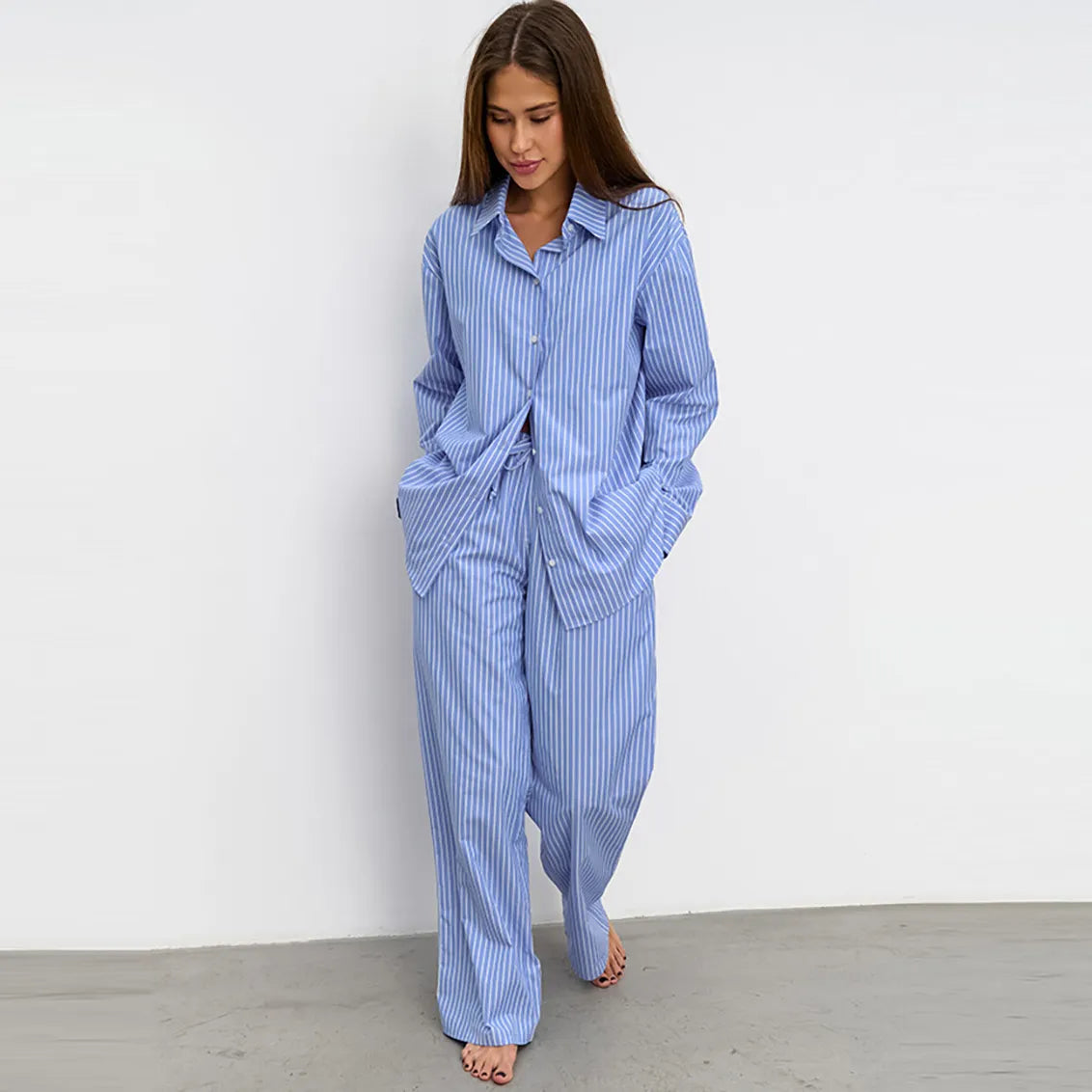 Women Fashion Casual Stripe Lapel Long Sleeve Shirt High Waist Pants Two-Piece Set