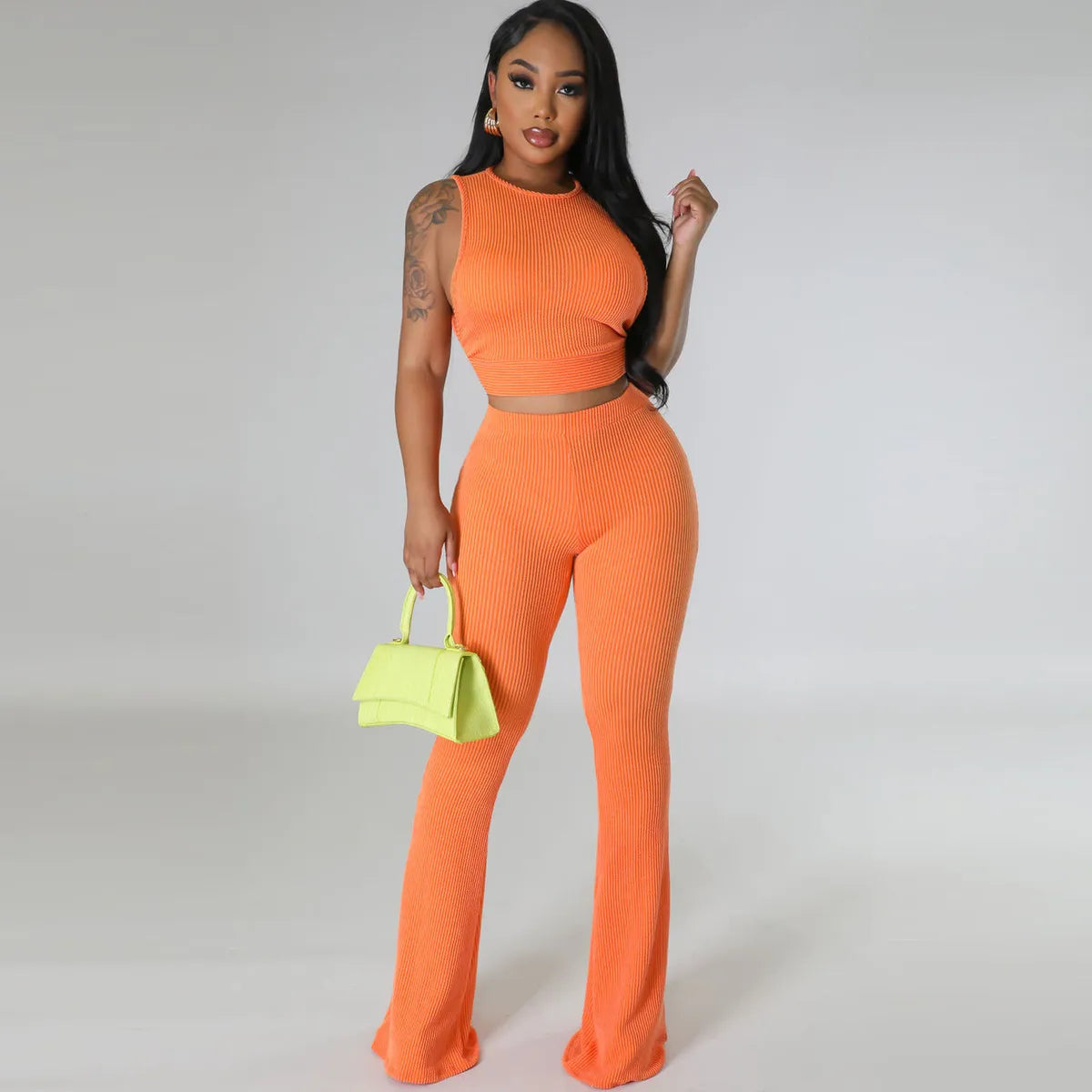 Women Fashion Casual Solid Color Pit Sleeveless Top Pants Two-Piece Set