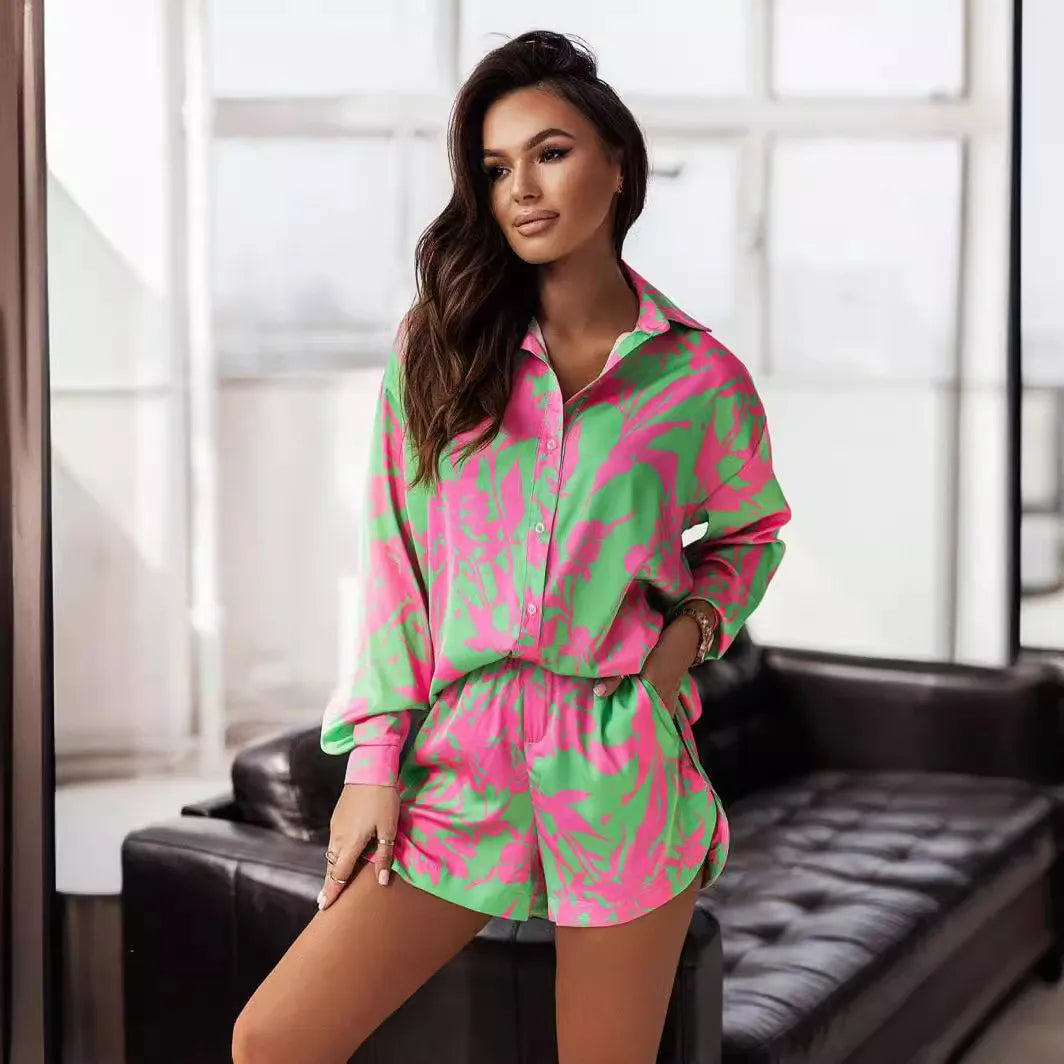 Women Fashion Casual Lapel Button Long Sleeve Shirt Shorts Two-Piece Set