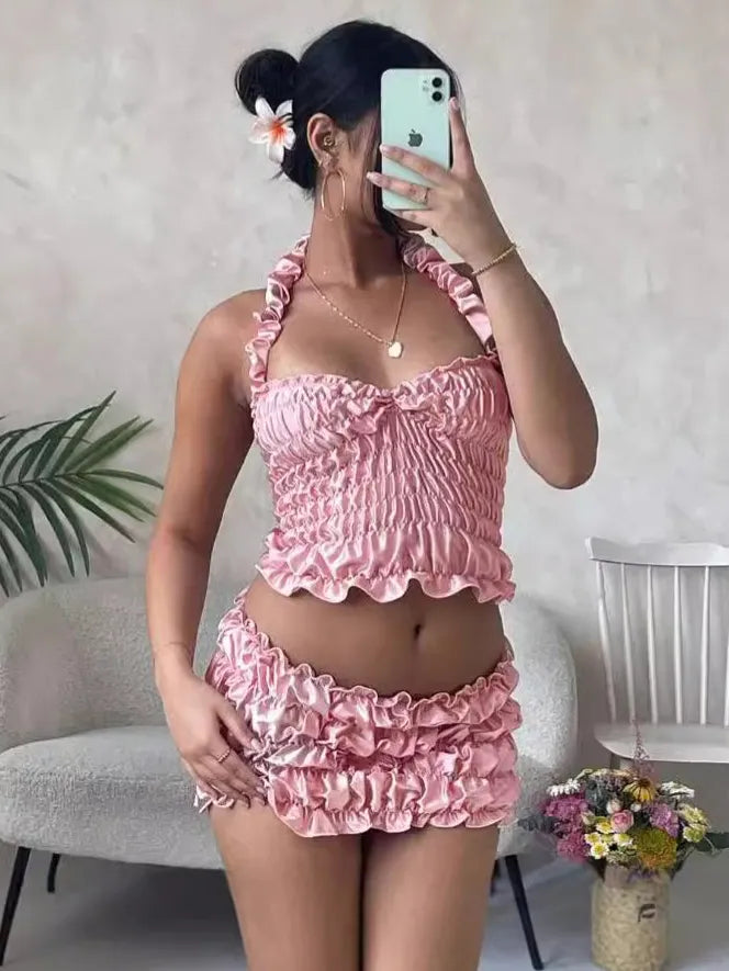 Women Sexy Solid Color Pleated Halter Top And Skirt Two-Piece Set