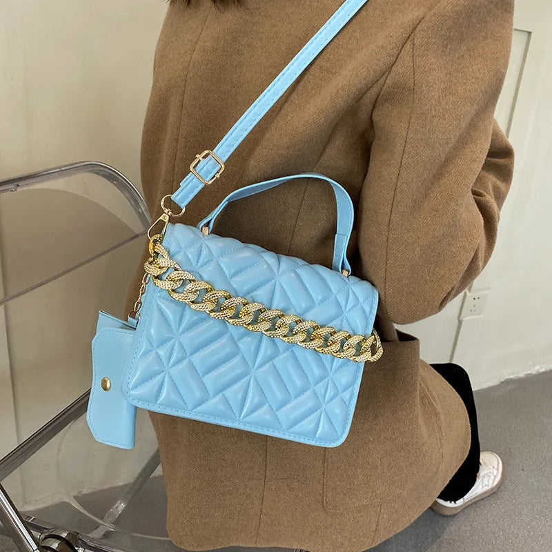 Women Basic Thick Chain Design Solid Color Plaid PU Shoulder Bag