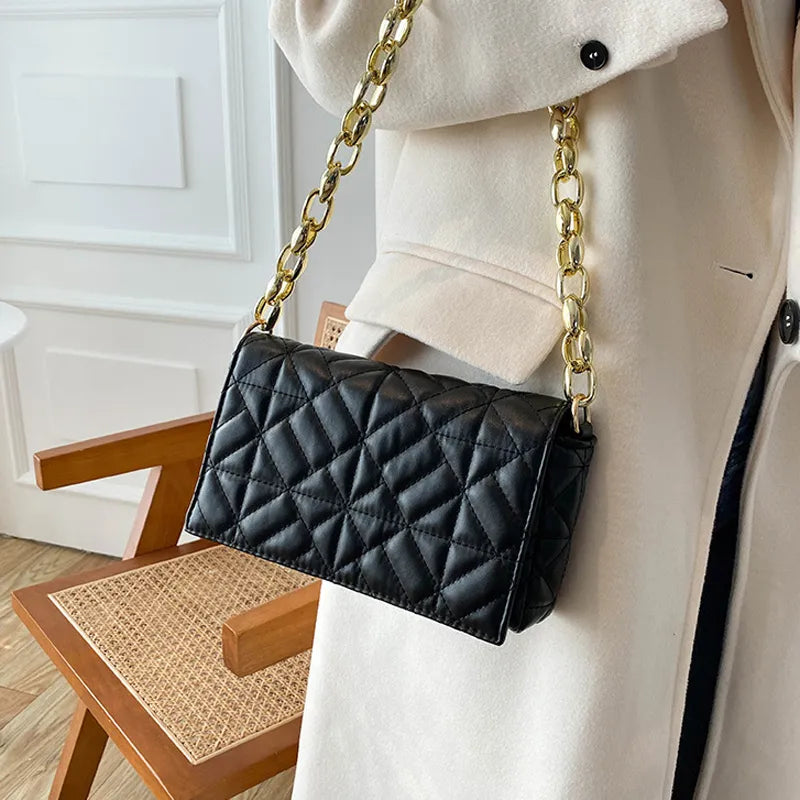 Women Fashion Chain Stitching Design Solid Color Plaid PU Shoulder Bag