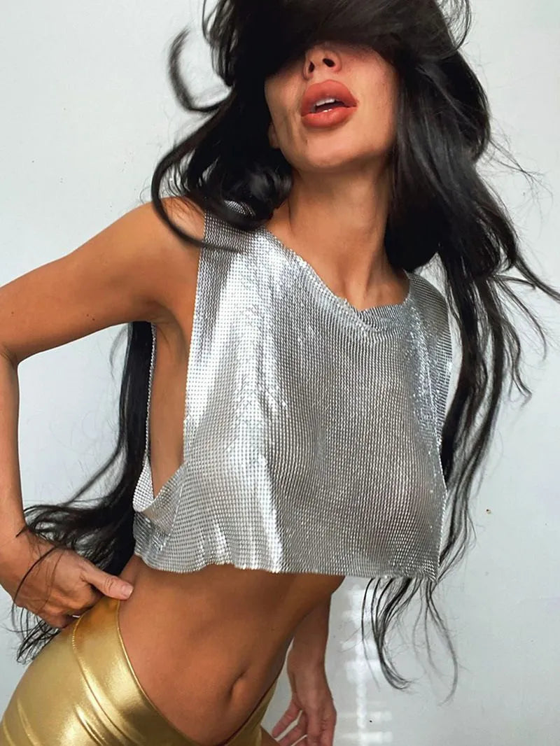 Women Metallic Sleeveless Crop Top