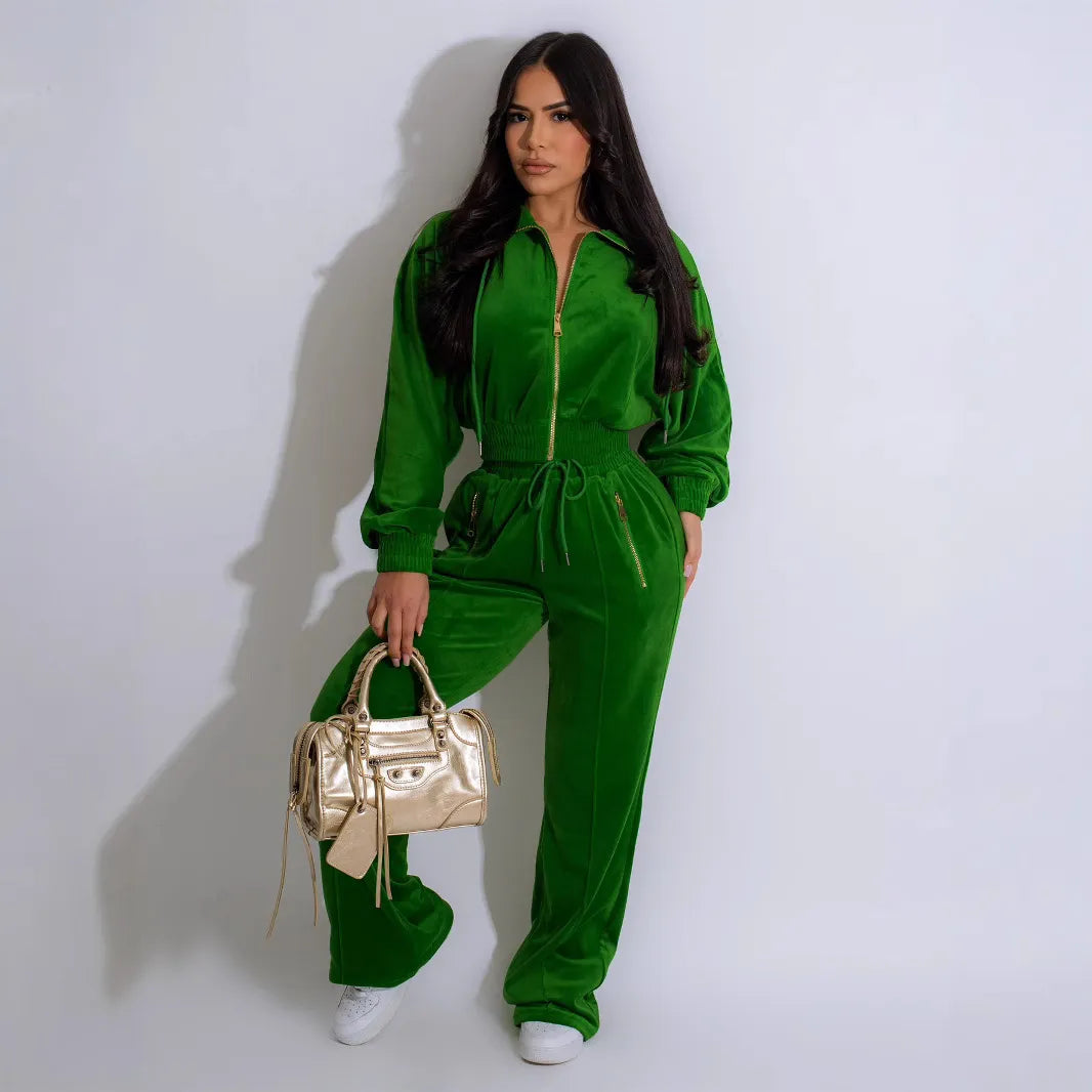 Women Fashion Solid Color Zipper Long Sleeve Top And Pants Two-Piece Set