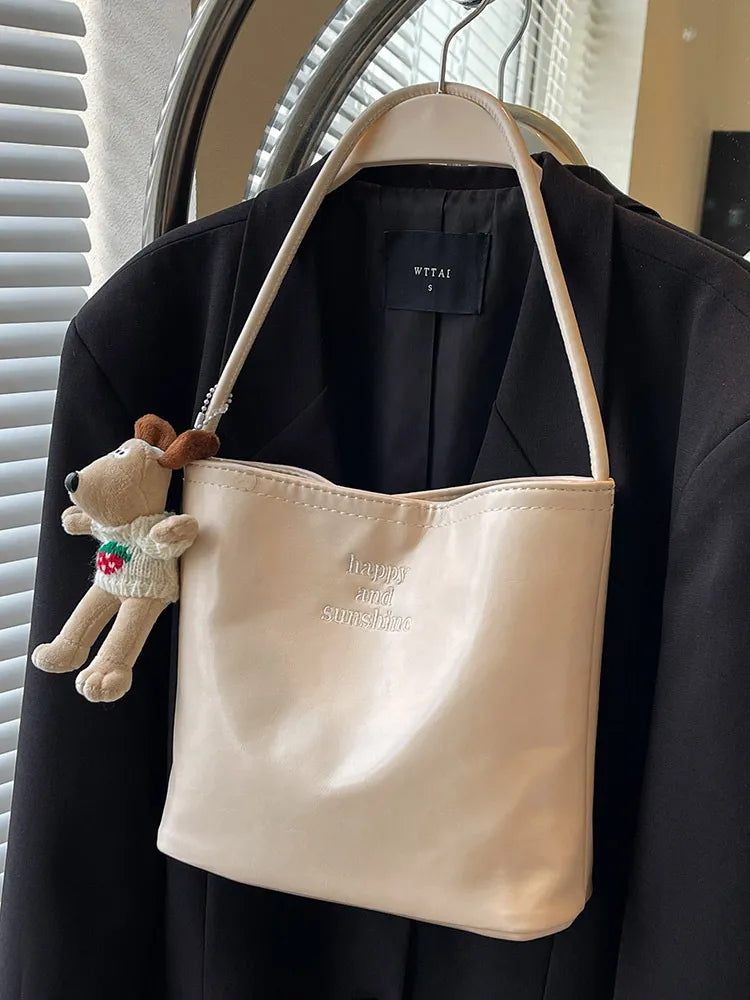 Women Fashion Casual Solid Color Pu Leather Bucket Shoulder Bag