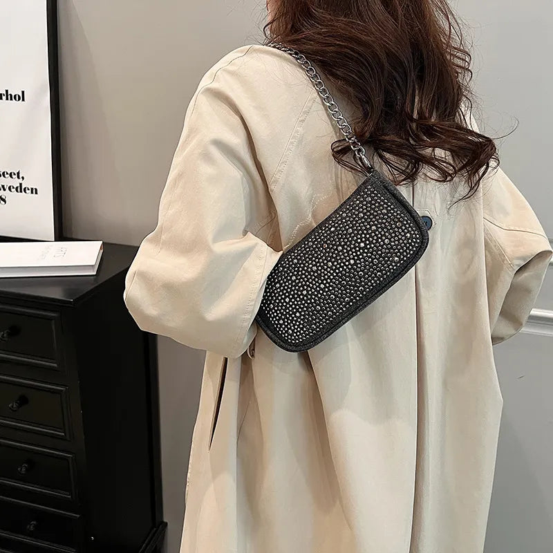 Women Fashion Square Rhinestone Zipper Shoulder Underarm Bag