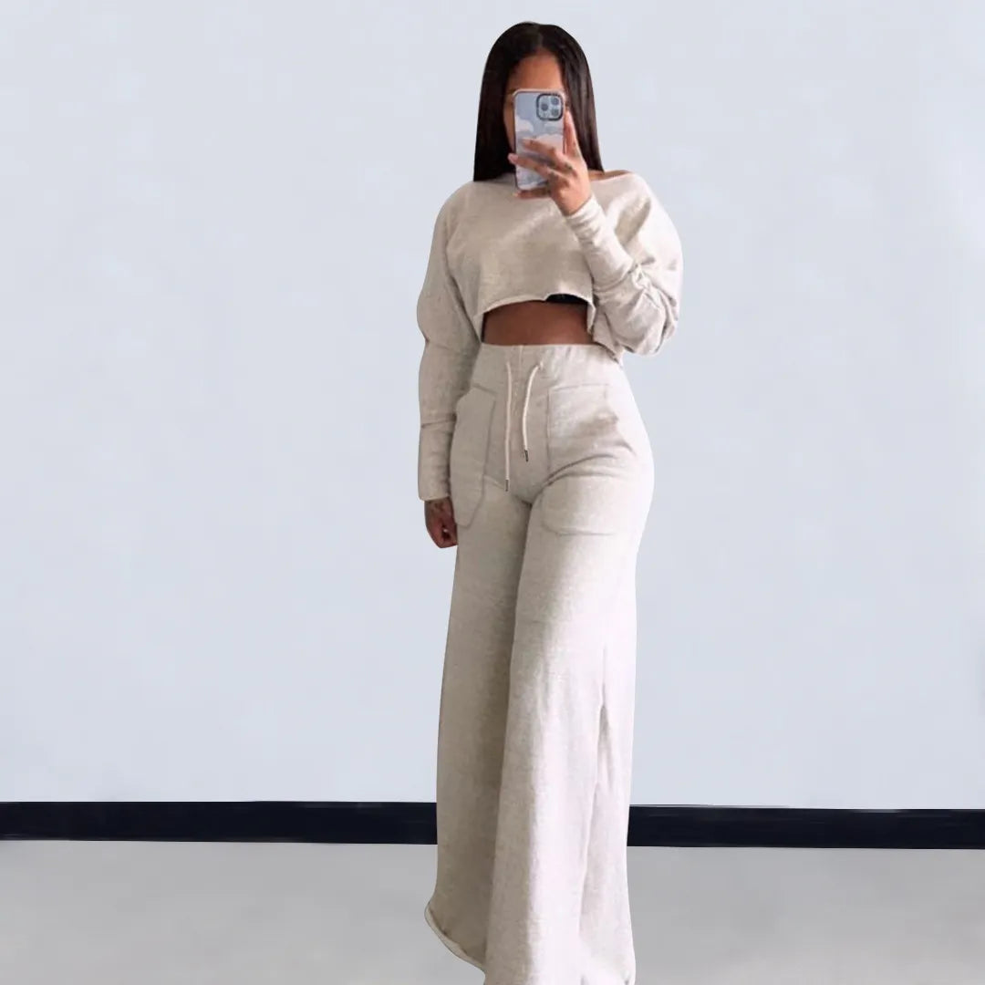Women Fashion Casual Solid Color Long-Sleeve Crop Top Slim-Fit Pants Two-Piece Set