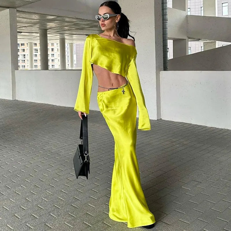 Women Fashion Sexy Solid Color Long-Sleeve Crop Top Slim-Fit Skirt Two-Piece Set